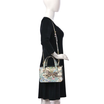 Gucci New Shangai Calfskin Tiger Savanah Mini Horsebit 1955 Foldover Top Handle Bag Chalky White Multicolor 2 of 10