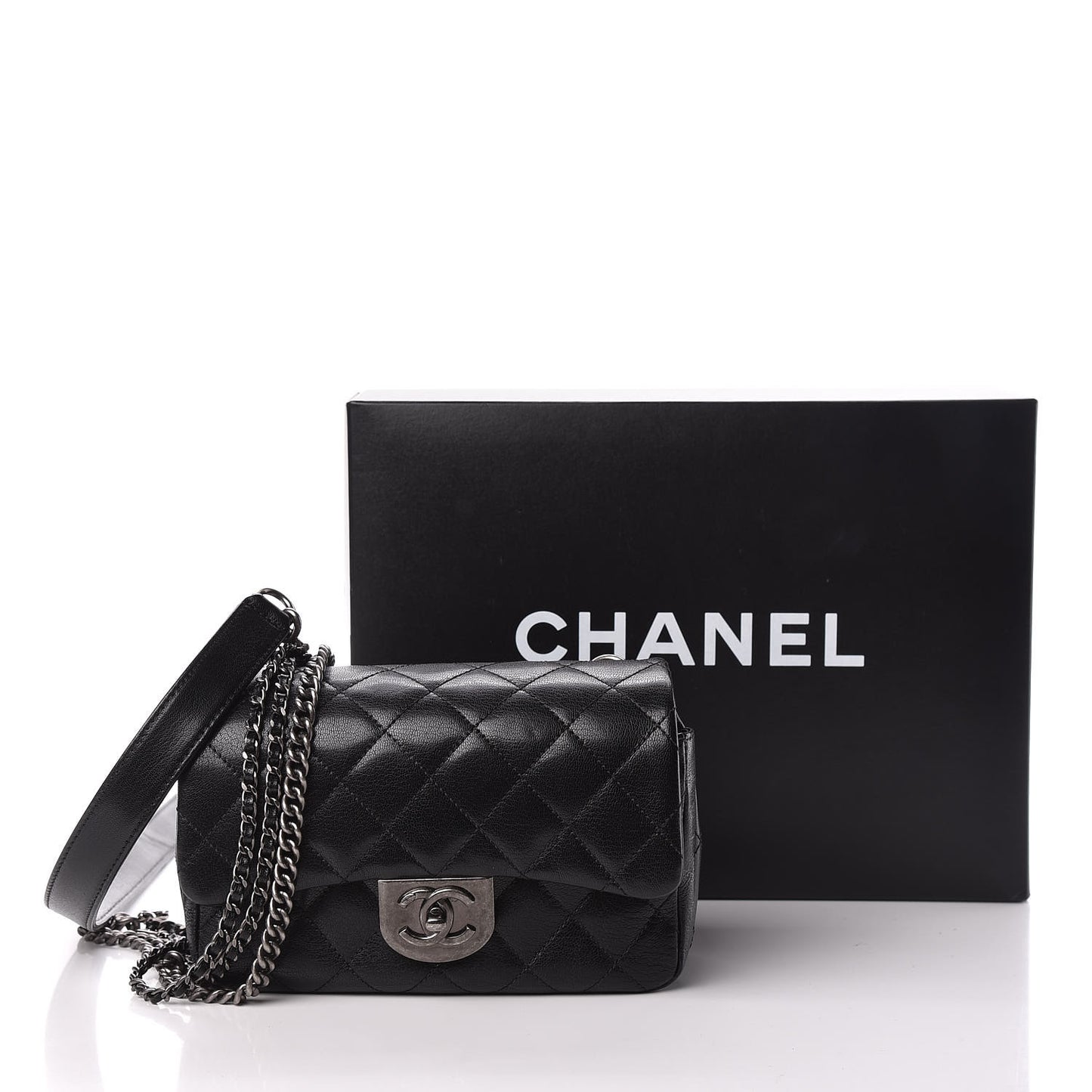 Shiny Goatskin Quilted Small Double Carry Waist Chain Flap Black