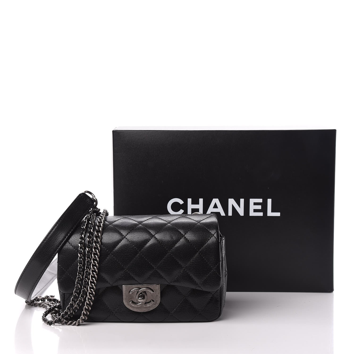 Chanel Shiny Goatskin Quilted Small Double Carry Waist Chain Flap Black 12 of 12