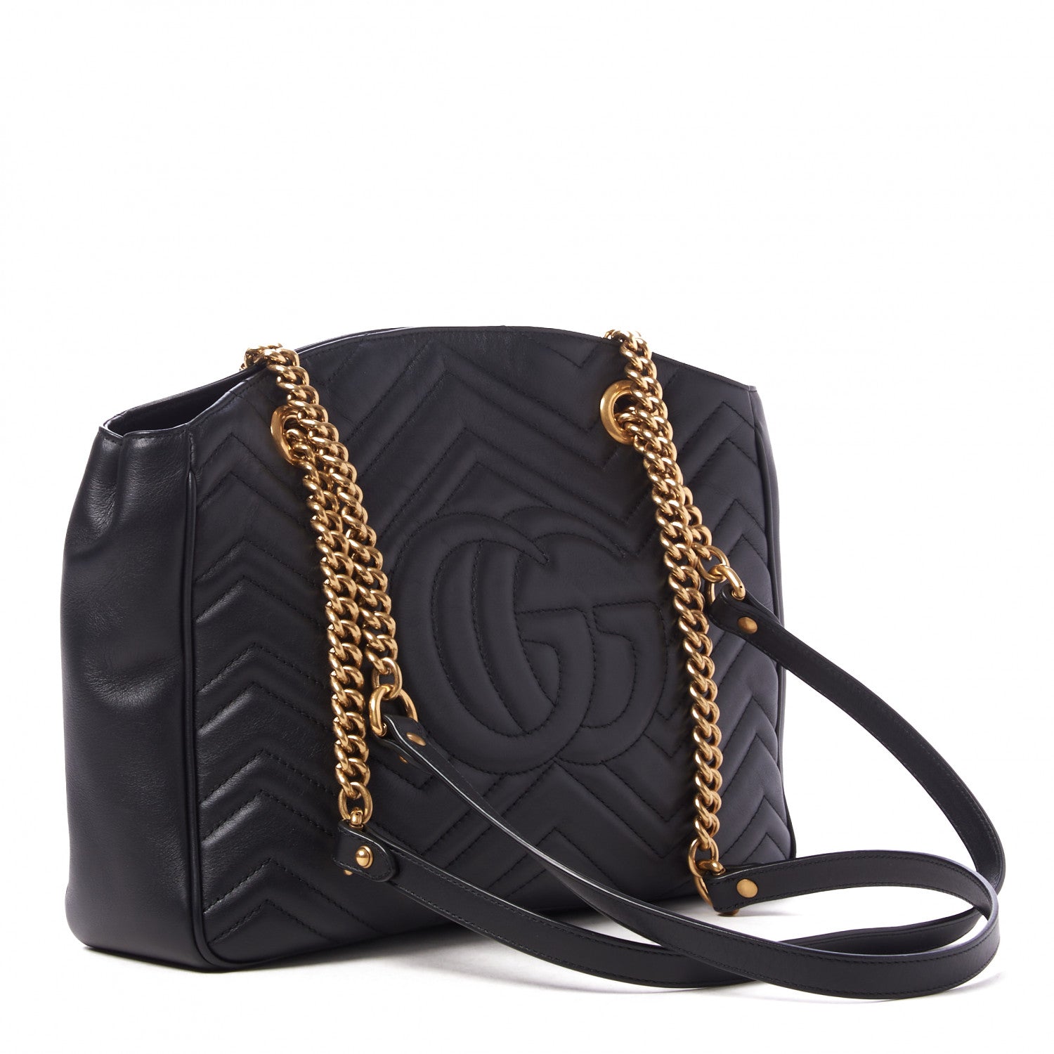 Gucci Calfskin Matelasse Medium GG Marmont Open Top Shoulder Bag Black 2 of 9