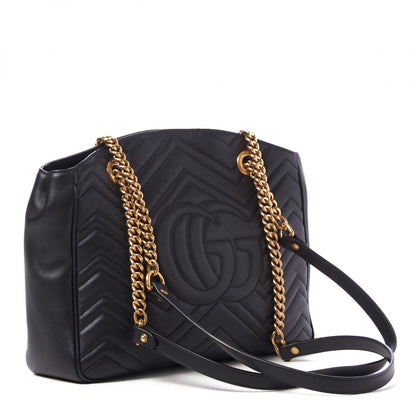 Gucci Calfskin Matelasse Medium GG Marmont Open Top Shoulder Bag Black 2 of 9