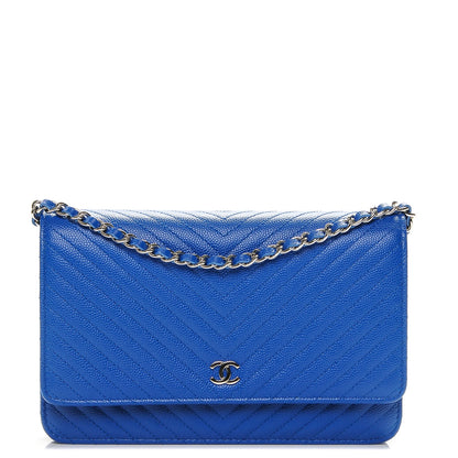 Chanel Caviar Chevron Quilted Wallet On Chain WOC Blue 1 of 8