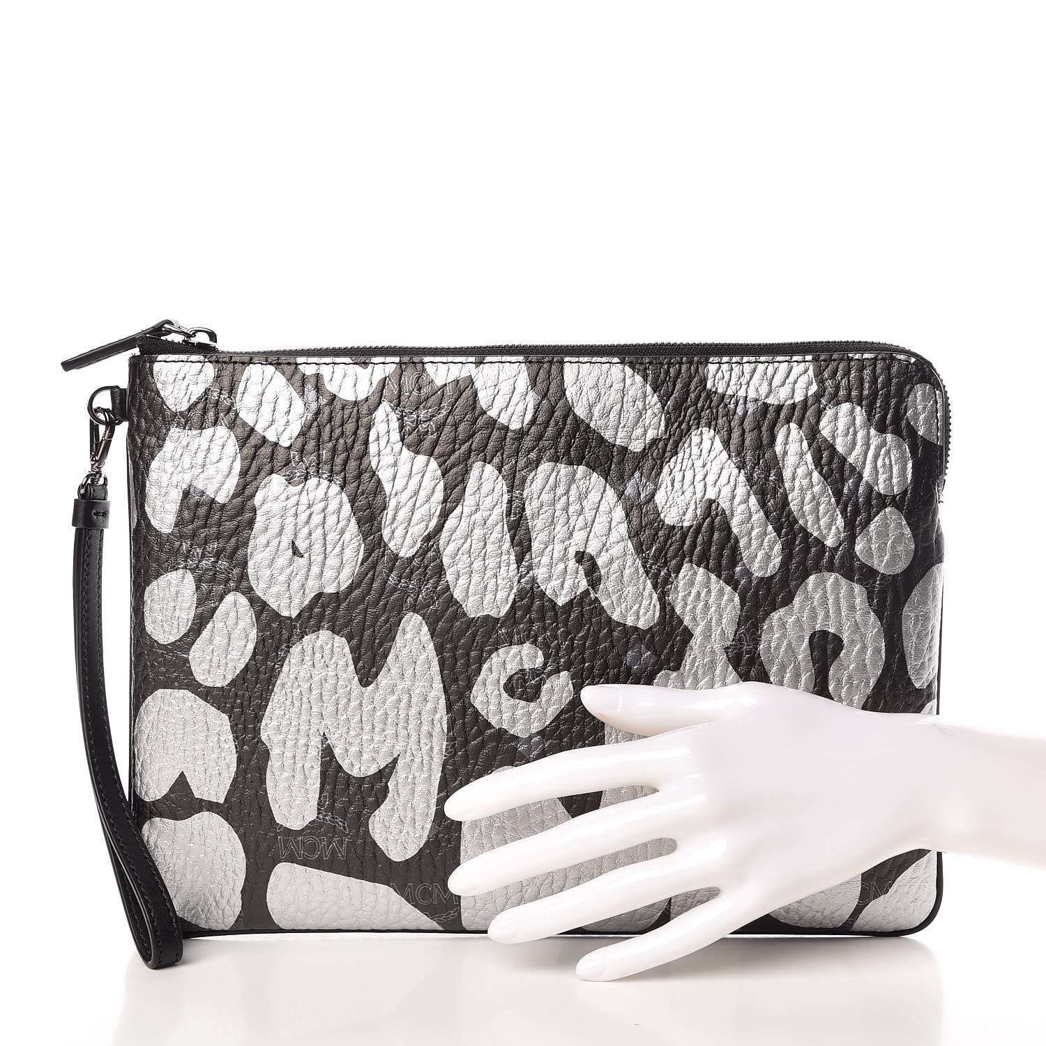 MCM Visetos Metallic Leopard Print Large Stark Wristlet Pouch Black 2 of 7