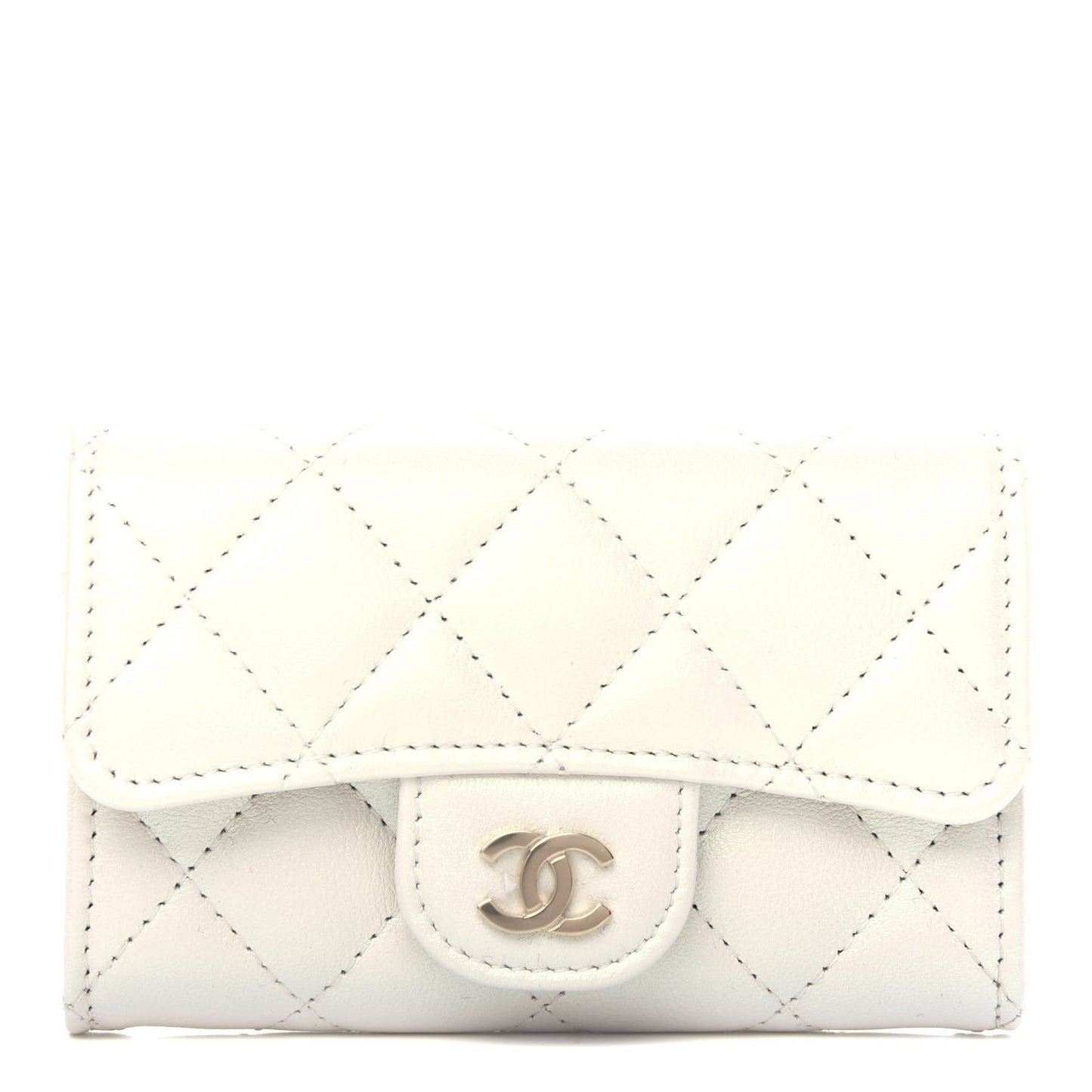 Iridescent Calfskin Quilted Flap Card Holder Wallet Ivory