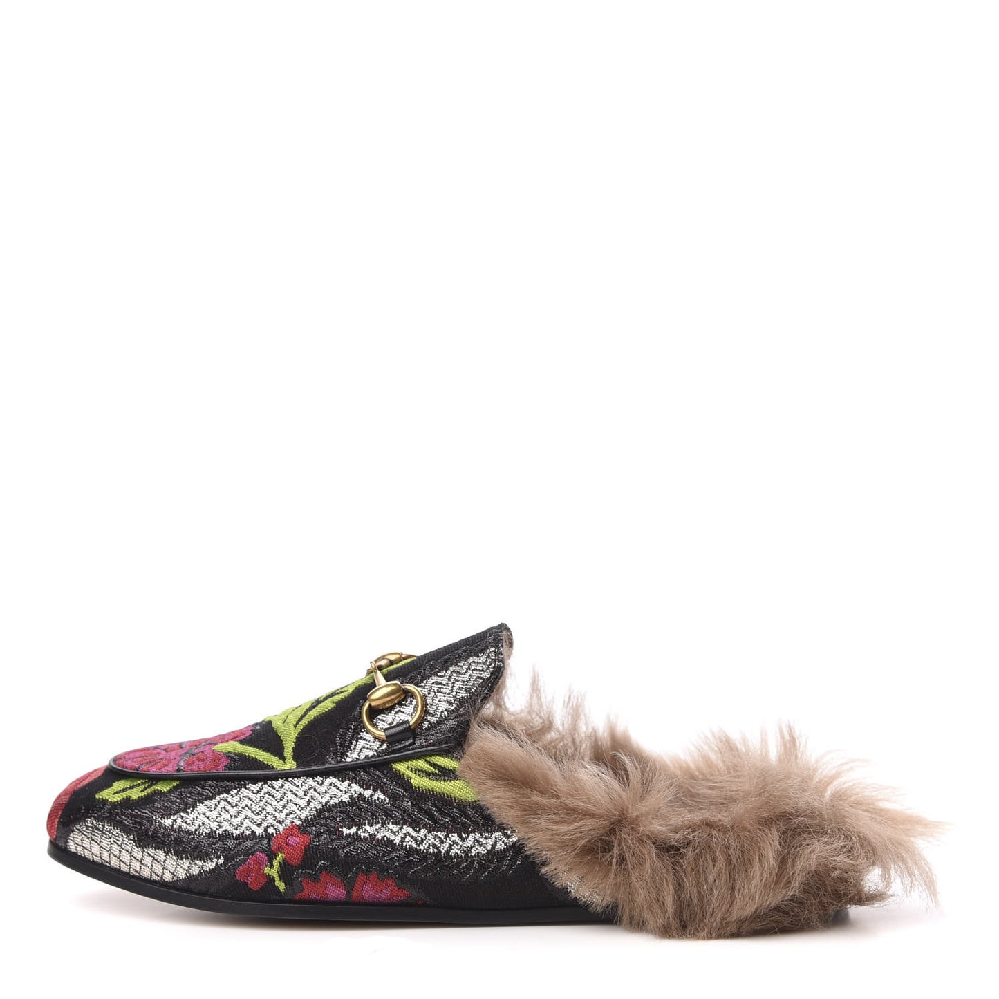 Brocade Fur Floral Womens Princetown Slippers 35 Black Anthracite
