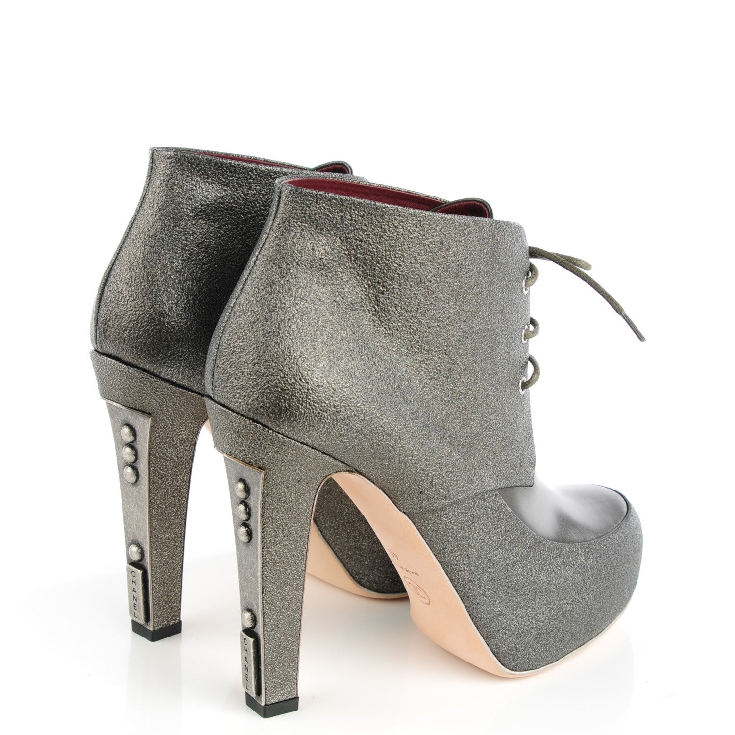 Chanel Metallic Leather Lace Up Booties 40 Kaki 5 of 10
