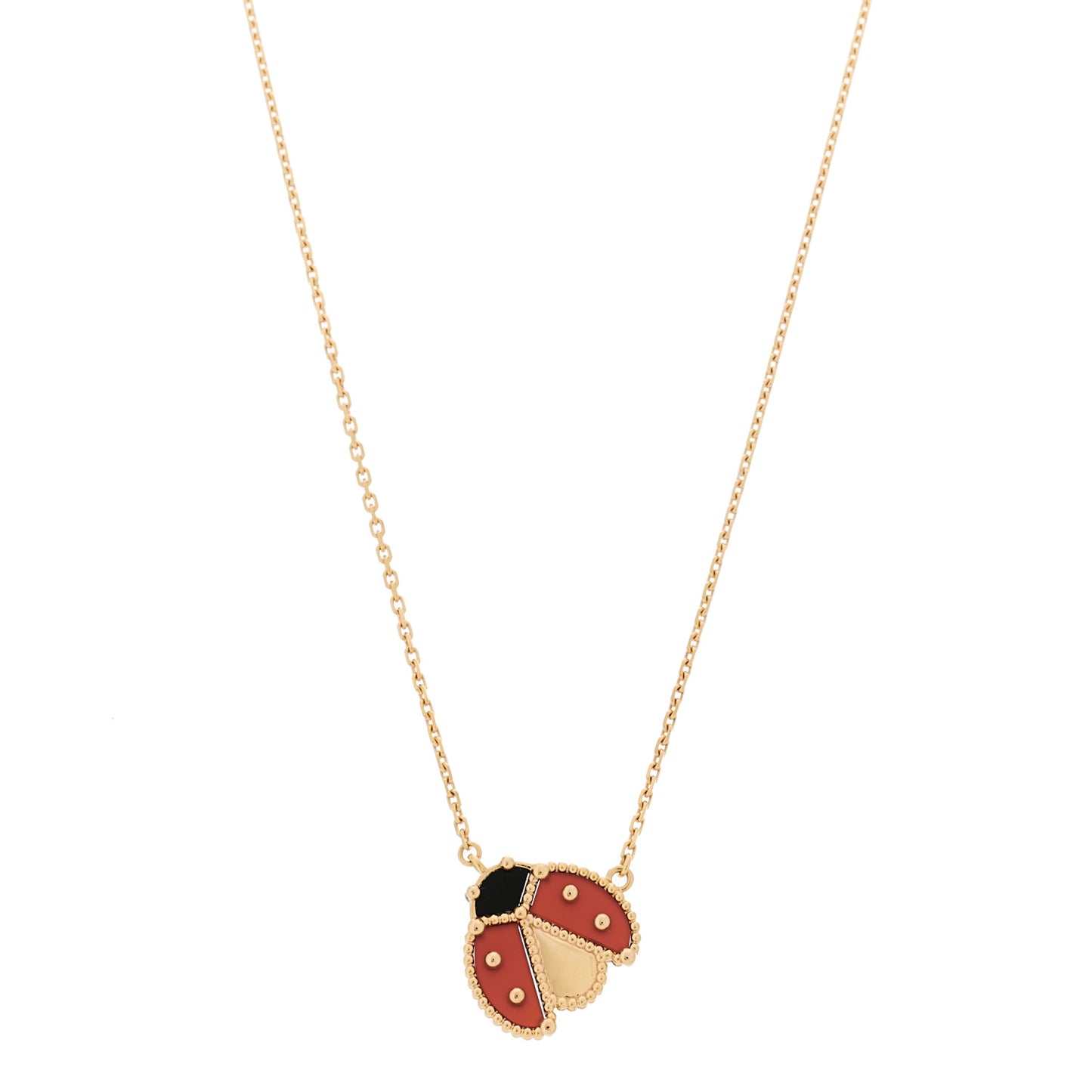 18K Rose Gold Carnelian Black Onyx Lucky Spring Open Wings Lady Bug Pendant Necklace