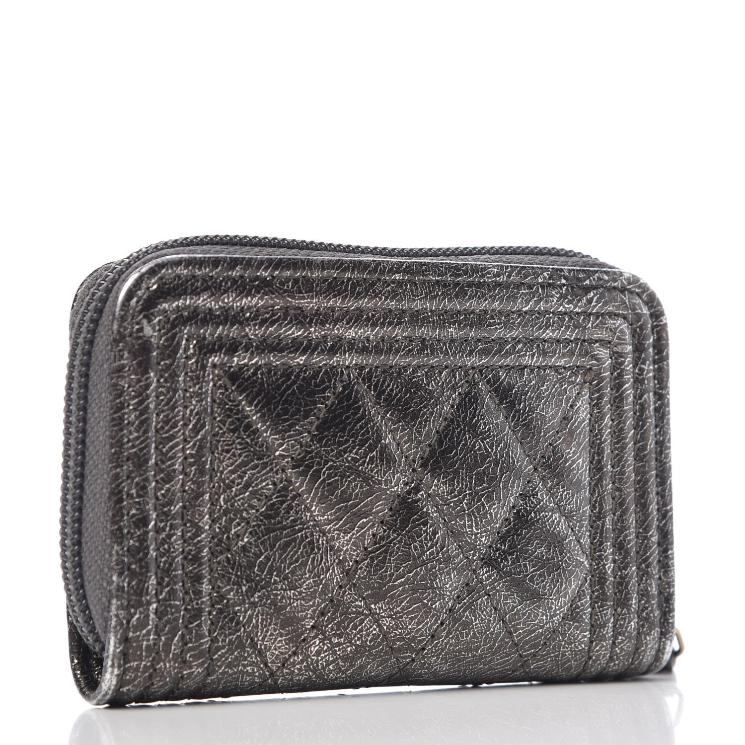 Chanel Cracked Metallic Calfskin Quilted Boy Zip Around Coin Purse Wallet Dark Silver 3 of 9