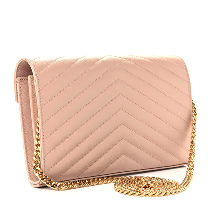 Saint Laurent Grain De Poudre Matelasse Chevron Monogram Chain Wallet Pale Pink 3 of 12