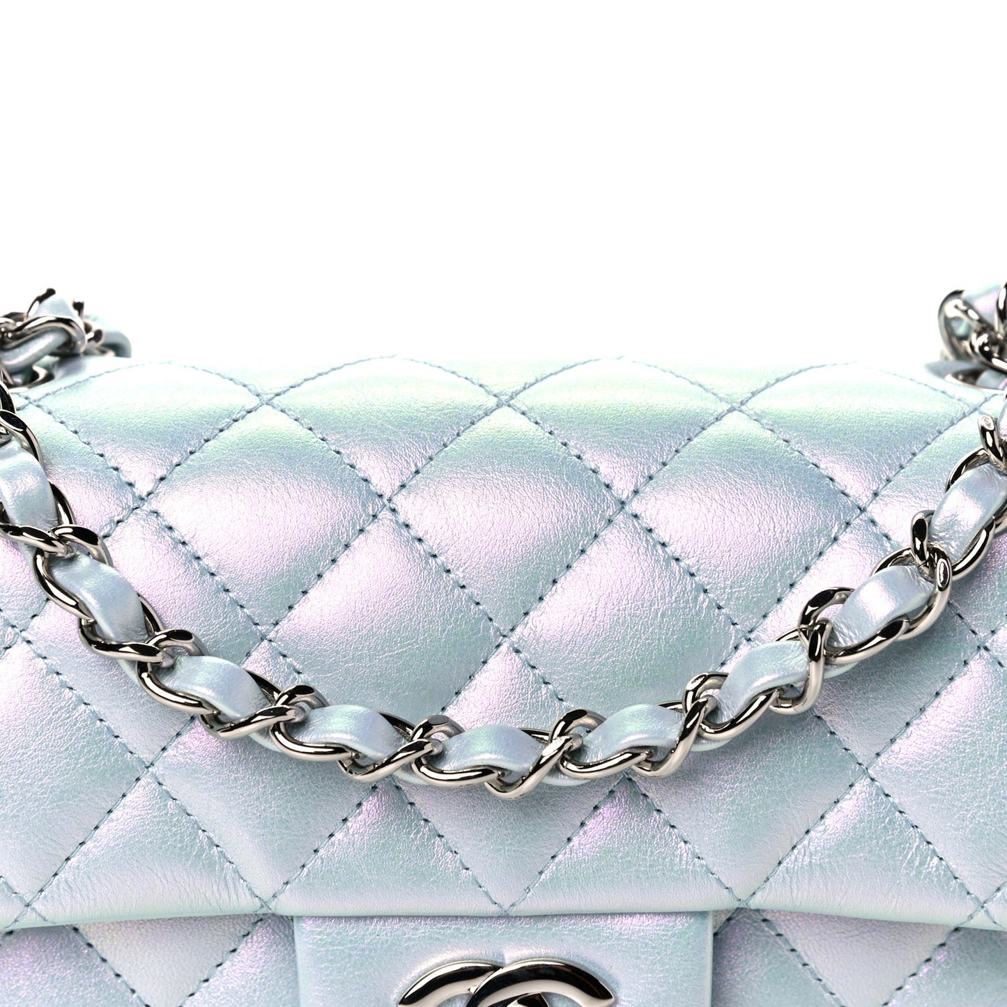 Iridescent Calfskin Quilted Mini Rectangular Flap Light Blue
