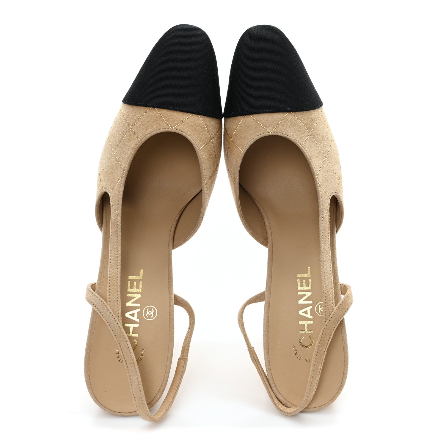 Chanel Suede Crystal Grosgrain Cap Toe CC Slingback Pumps 41 Beige Golden Black 2 of 9
