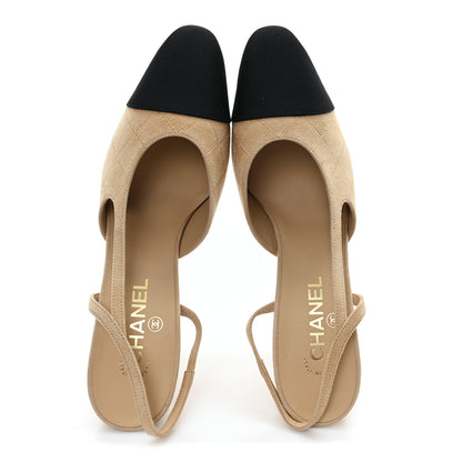 Chanel Suede Crystal Grosgrain Cap Toe CC Slingback Pumps 41 Beige Golden Black 2 of 9