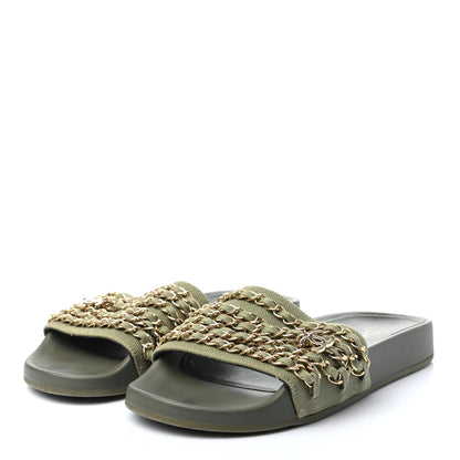 Chanel Canvas Chain Flat Sandals 37 Khaki 3 of 8