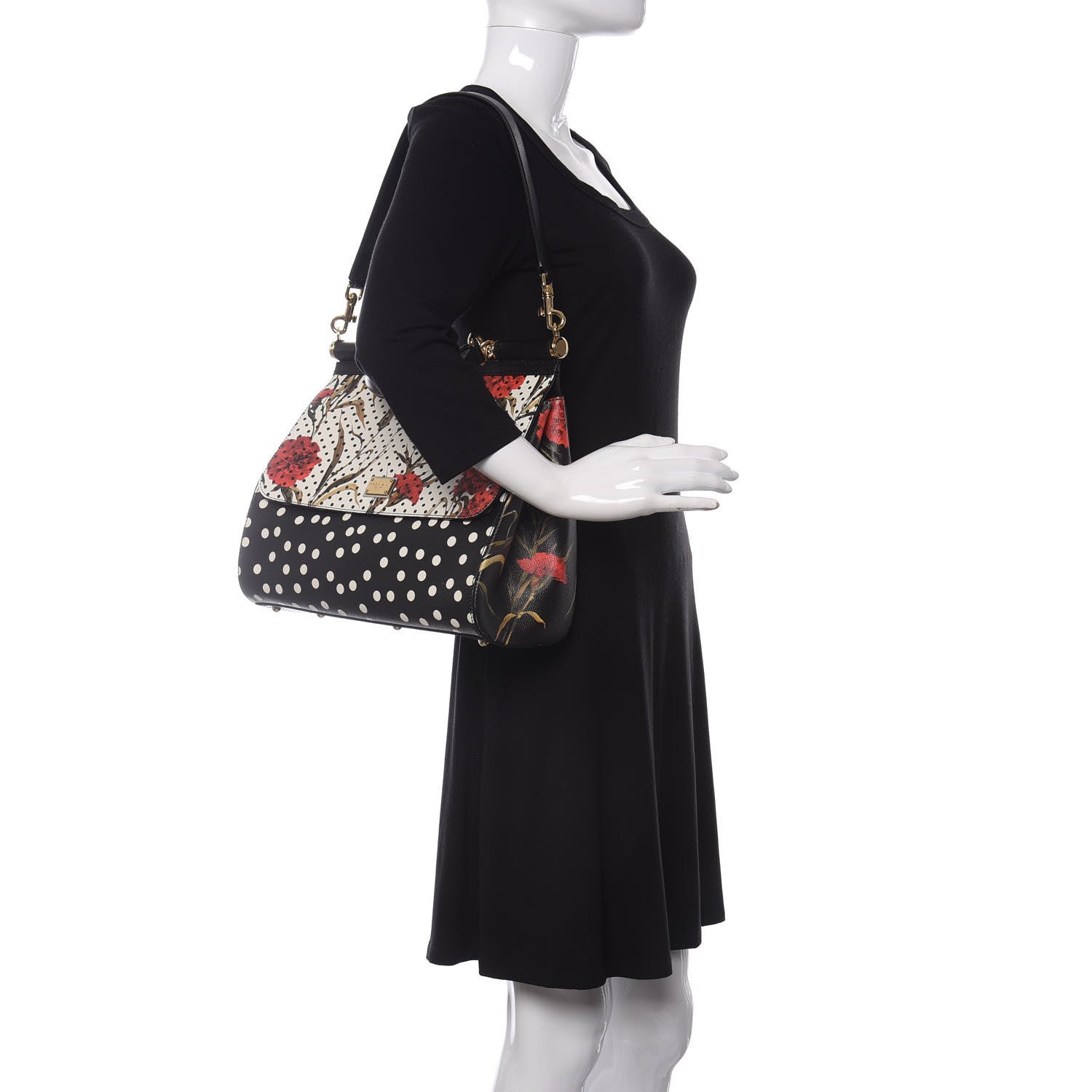 Dolce & Gabbana Dauphine Polka Dot Floral Print Medium Miss Sicily Satchel Black 2 of 13