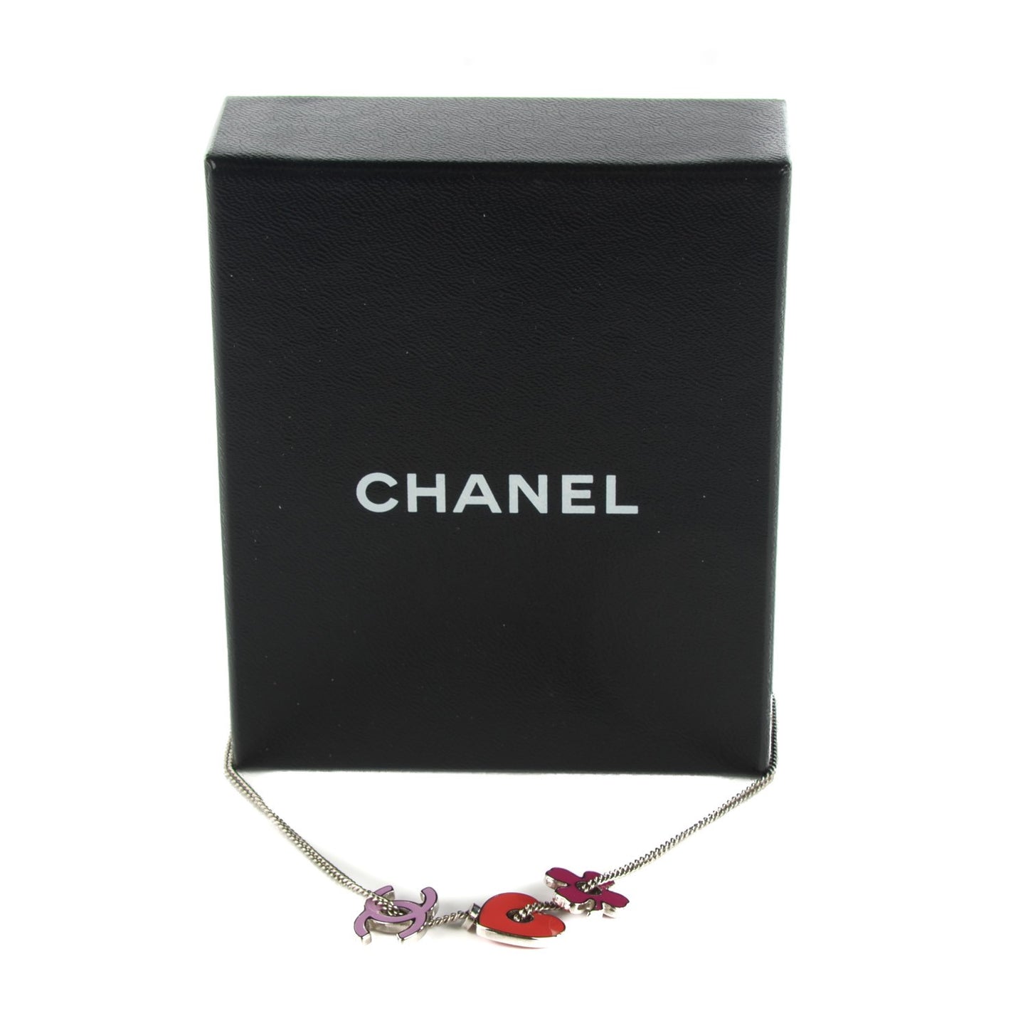 Enamel Heart Clover CC Charm Necklace Silver