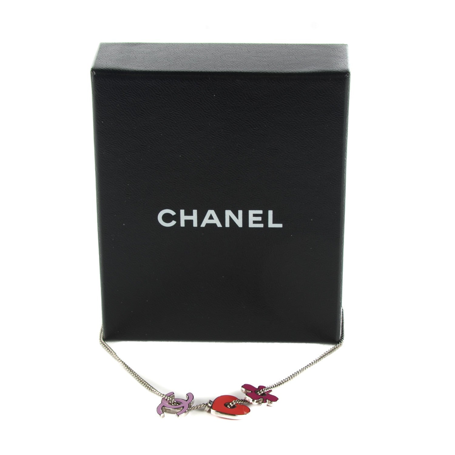 Chanel Enamel Heart Clover CC Charm Necklace Silver 3 of 6