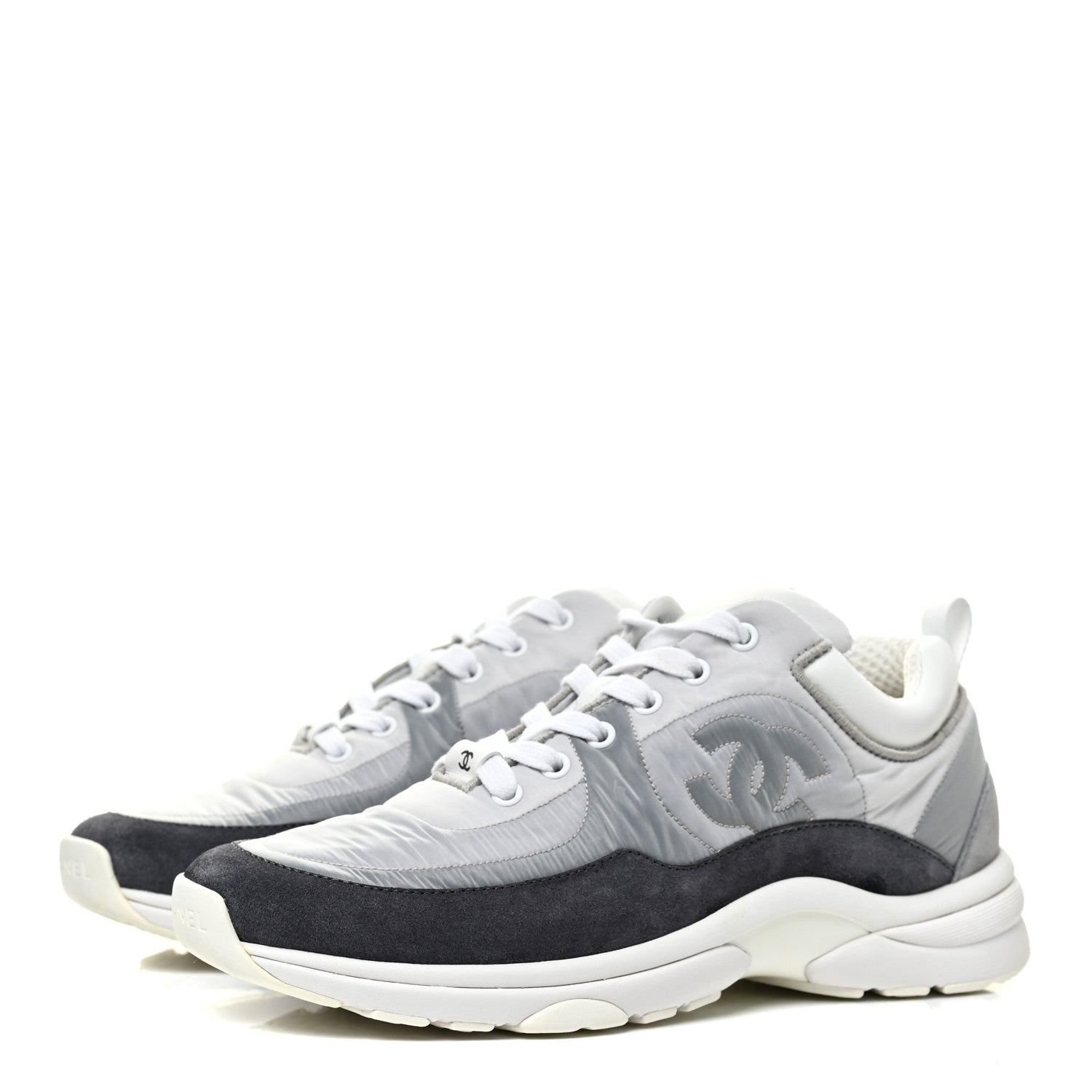 Chanel Nylon Lambskin Suede Calfskin CC Sneakers 38.5 White Grey 3 of 8