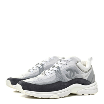 Chanel Nylon Lambskin Suede Calfskin CC Sneakers 38.5 White Grey 3 of 8