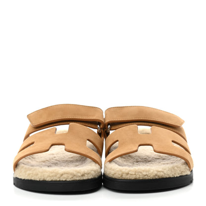 Hermes Suede Goatskin Woolskin Womens Chypre Sandals 38 Golden Beige 2 of 8