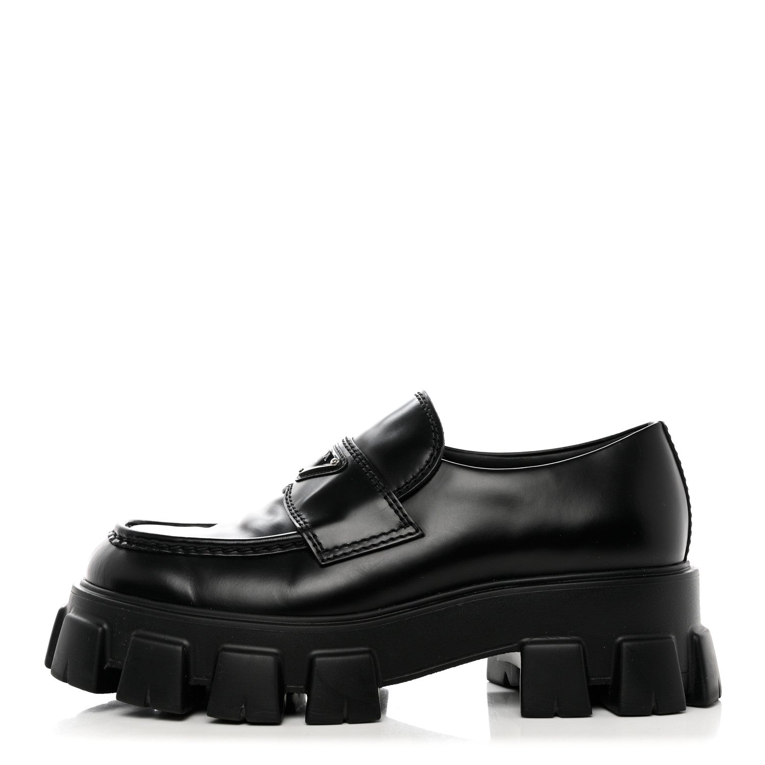 Prada Spazzolato Rois Metal Triangle Logo Mens Monolith 60mm Loafers 7.5 Black 1 of 9