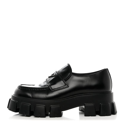 Prada Spazzolato Rois Metal Triangle Logo Mens Monolith 60mm Loafers 7.5 Black 1 of 9
