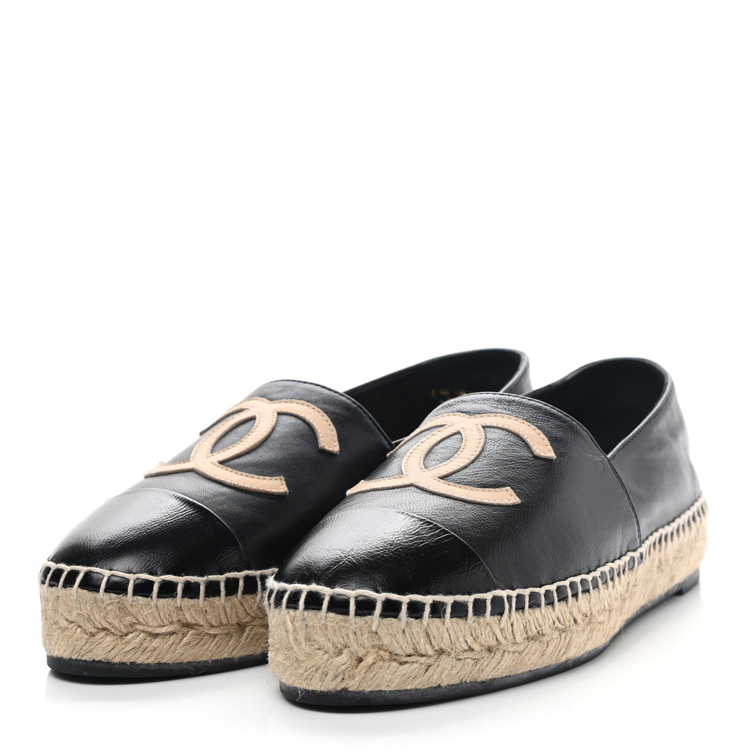 Chanel Lambskin Shiny Calfskin CC Espadrilles 36 Black Beige 3 of 9