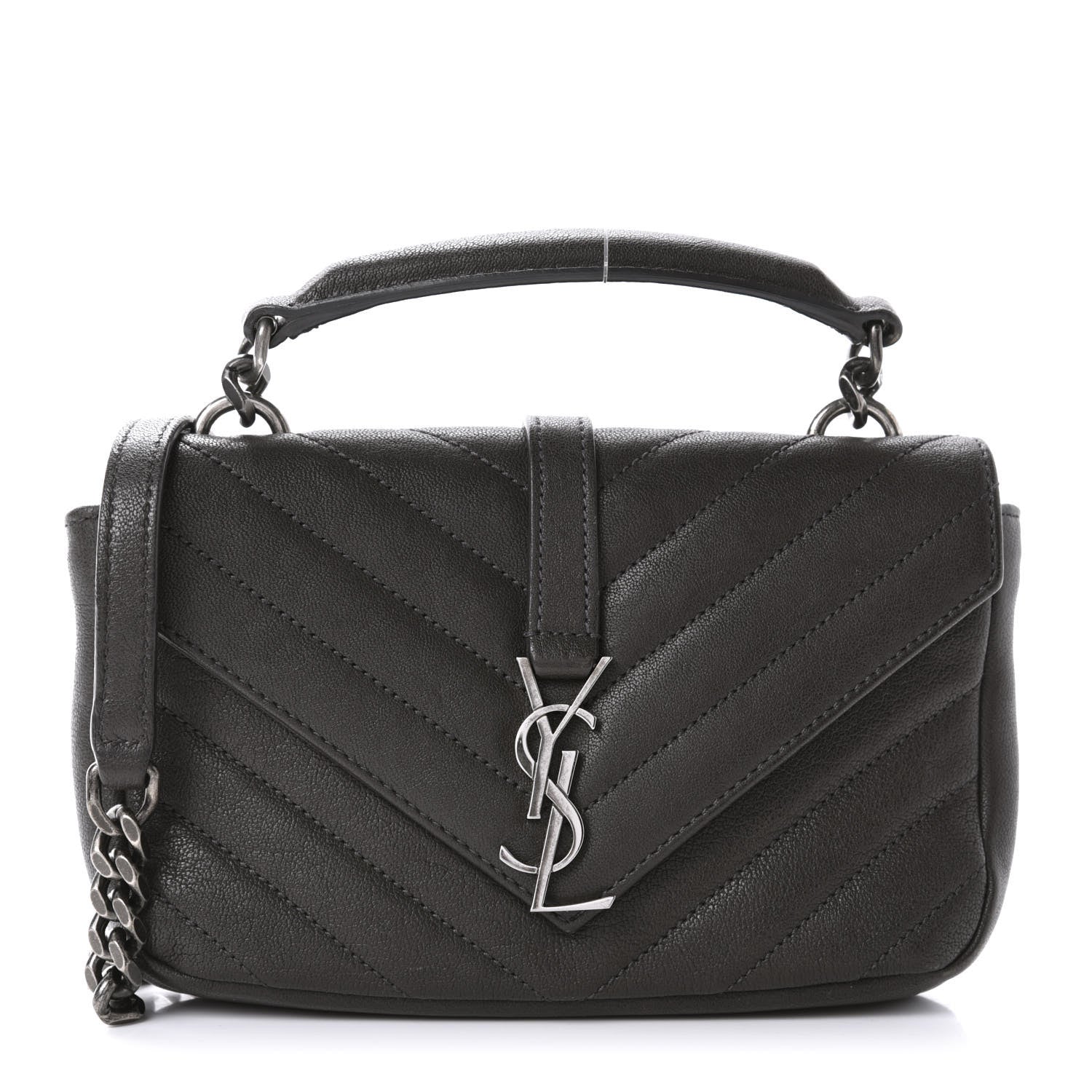 Saint Laurent Sheepskin Matelasse Chevron Monogram College Chain Wallet Coal 1 of 9