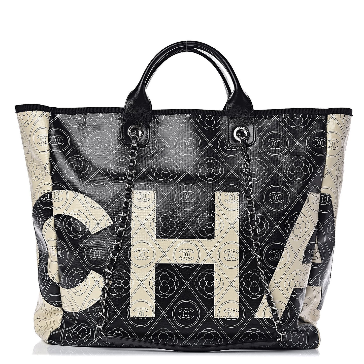 Coated Canvas Camellia Medium Shopping Tote Black Beige