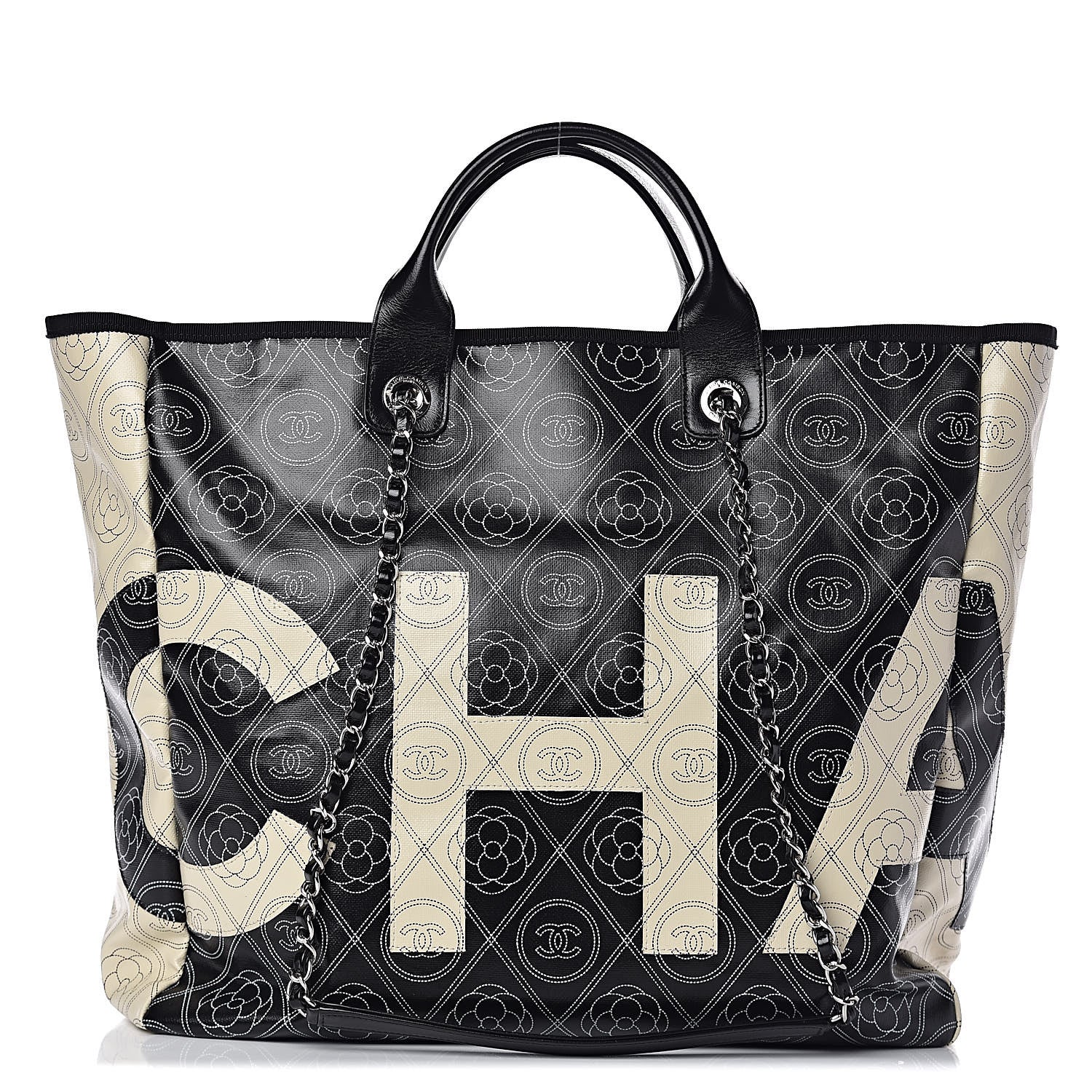 Chanel Coated Canvas Camellia Medium Shopping Tote Black Beige 1 of 13