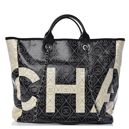 Chanel Coated Canvas Camellia Medium Shopping Tote Black Beige 1 of 13