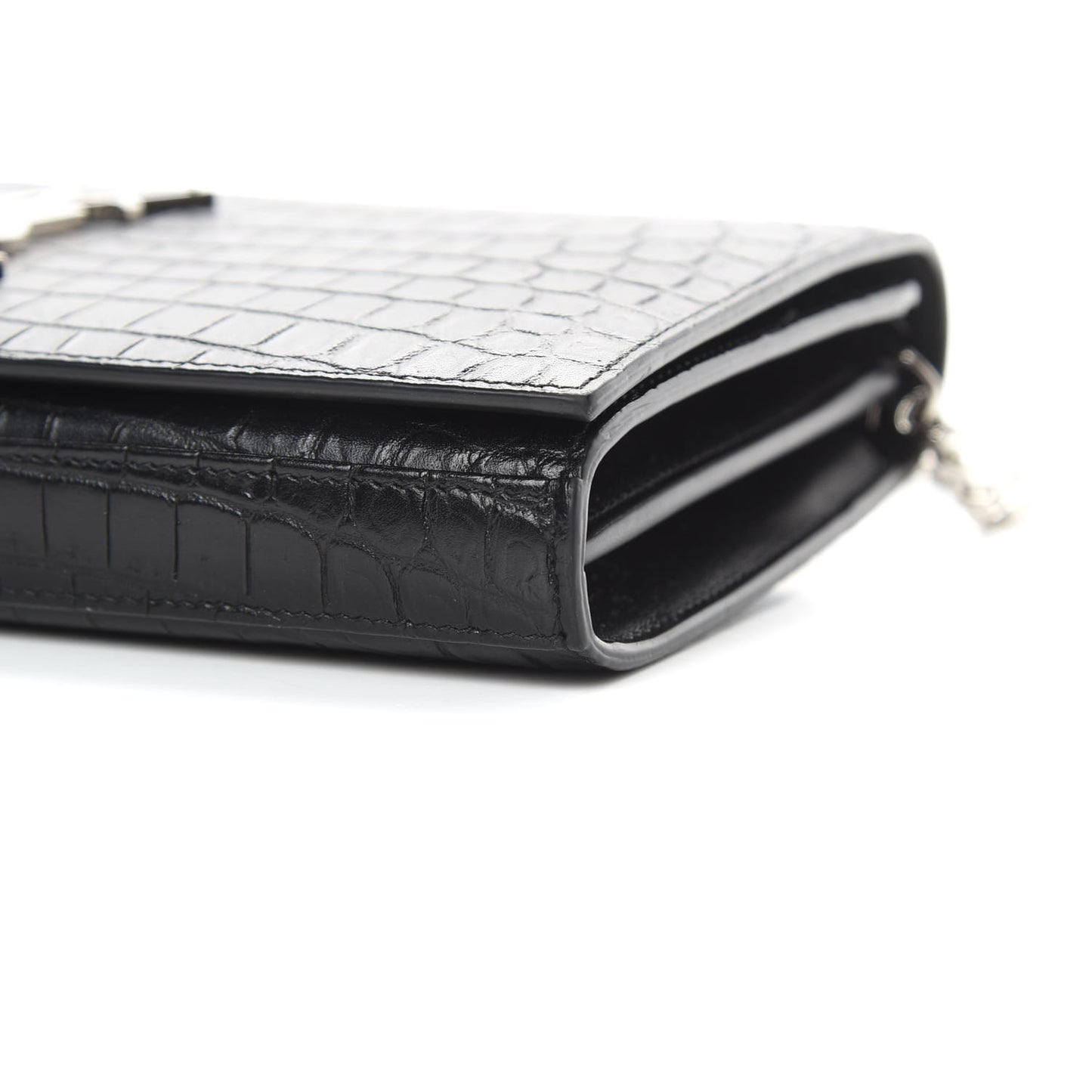 Calfskin Crocodile Embossed Monogram Chain Wallet Black
