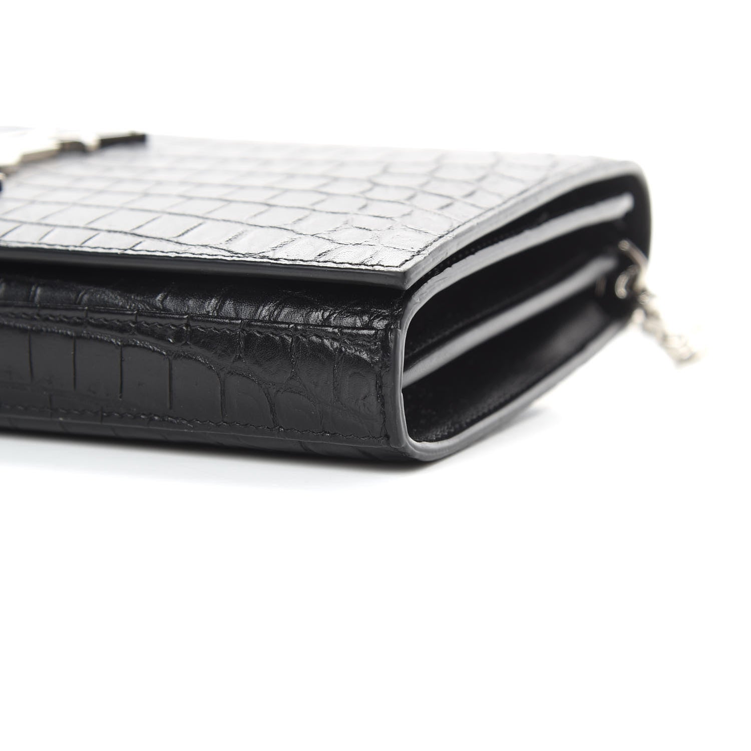 Saint Laurent Calfskin Crocodile Embossed Monogram Chain Wallet Black 10 of 13