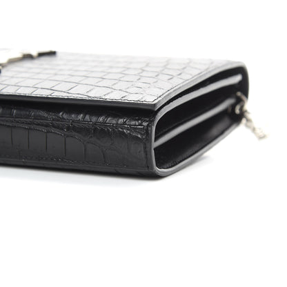 Saint Laurent Calfskin Crocodile Embossed Monogram Chain Wallet Black 10 of 13