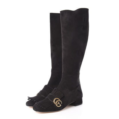 Gucci Kid Scamosciato GG Marmont Fringe Knee High Boots 37.5 Black 3 of 11