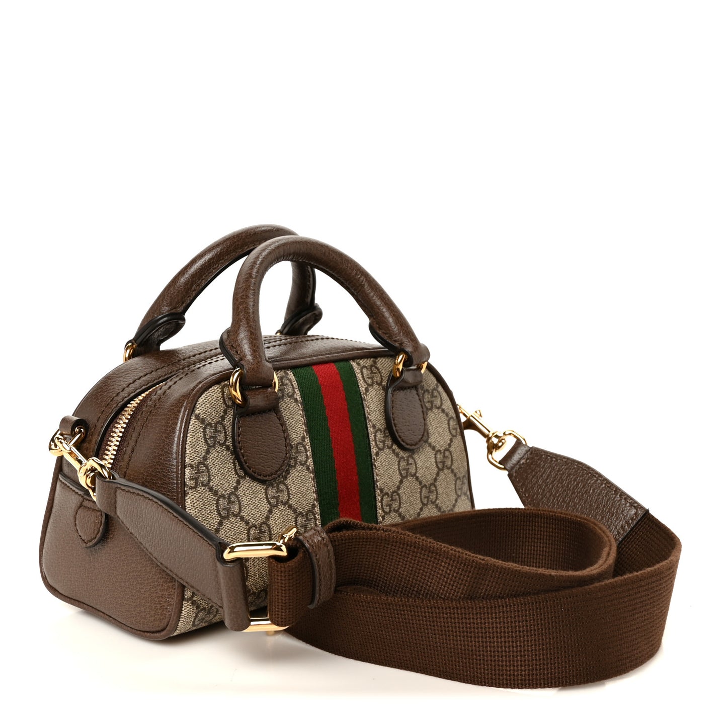 GG Supreme Monogram Textured Dollar Calfskin Web Mini Ophidia Top Handle Bowler Bag Beige Ebony New Acero