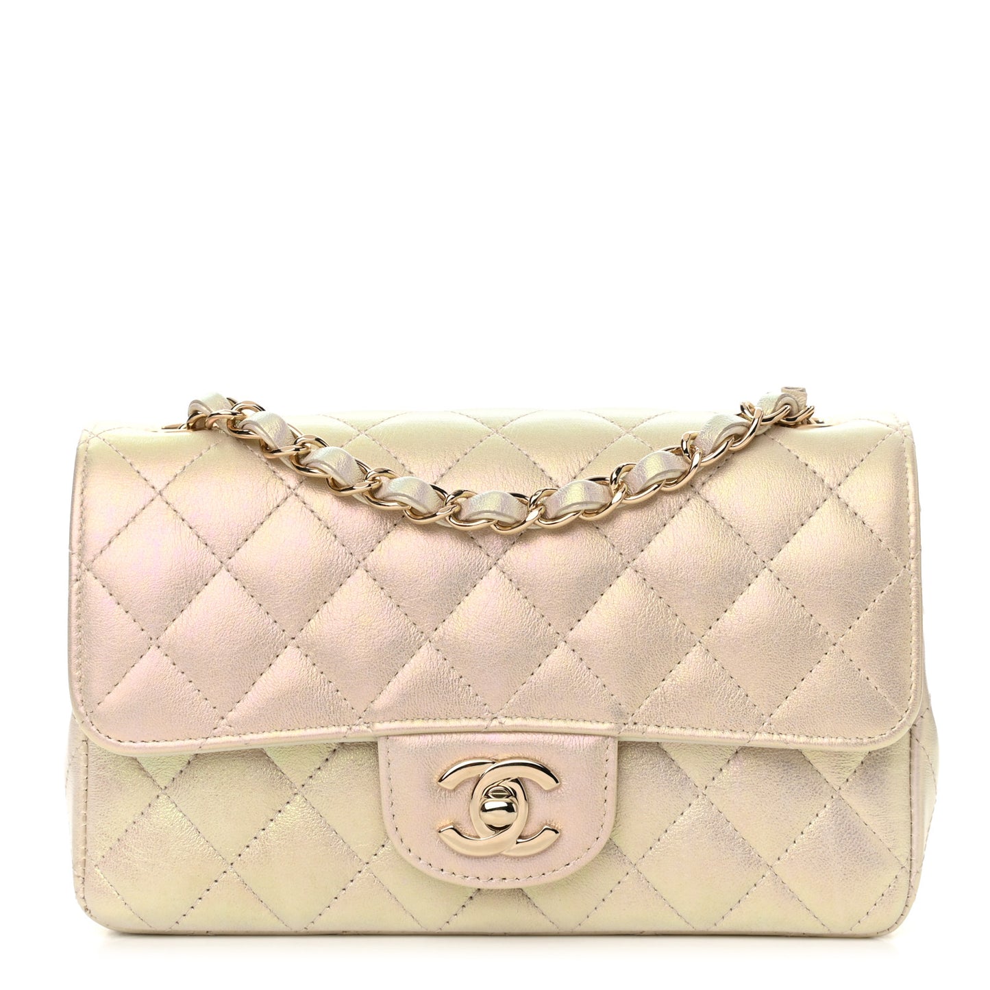 Iridescent Lambskin Quilted Mini Rectangular Flap Ivory