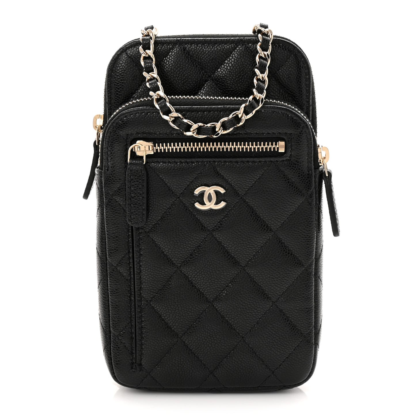 Caviar Quilted Phone Holder With Chain Black