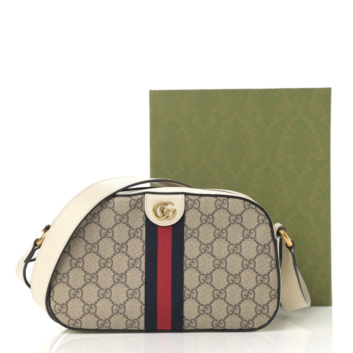 GG Supreme Monogram Textured Calfskin Web Small Ophidia Camera Bag Beige Ebony Mystic White