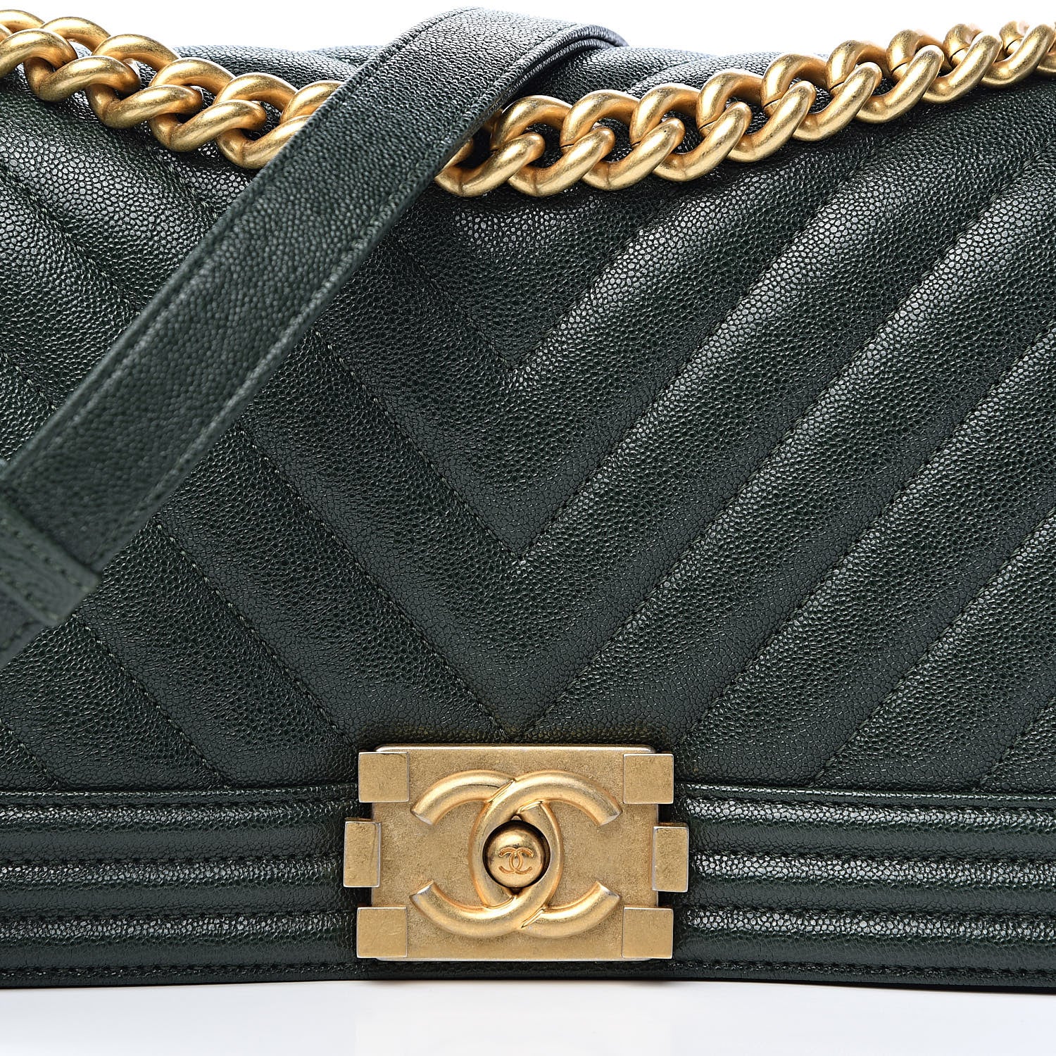 Chanel Caviar Chevron Quilted Medium Boy Flap Dark Green 10 of 11