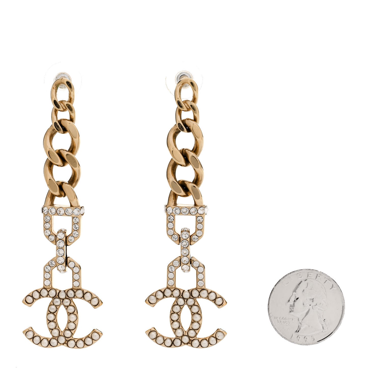 Pearl Crystal CC Chain Link Drop Earrings Gold