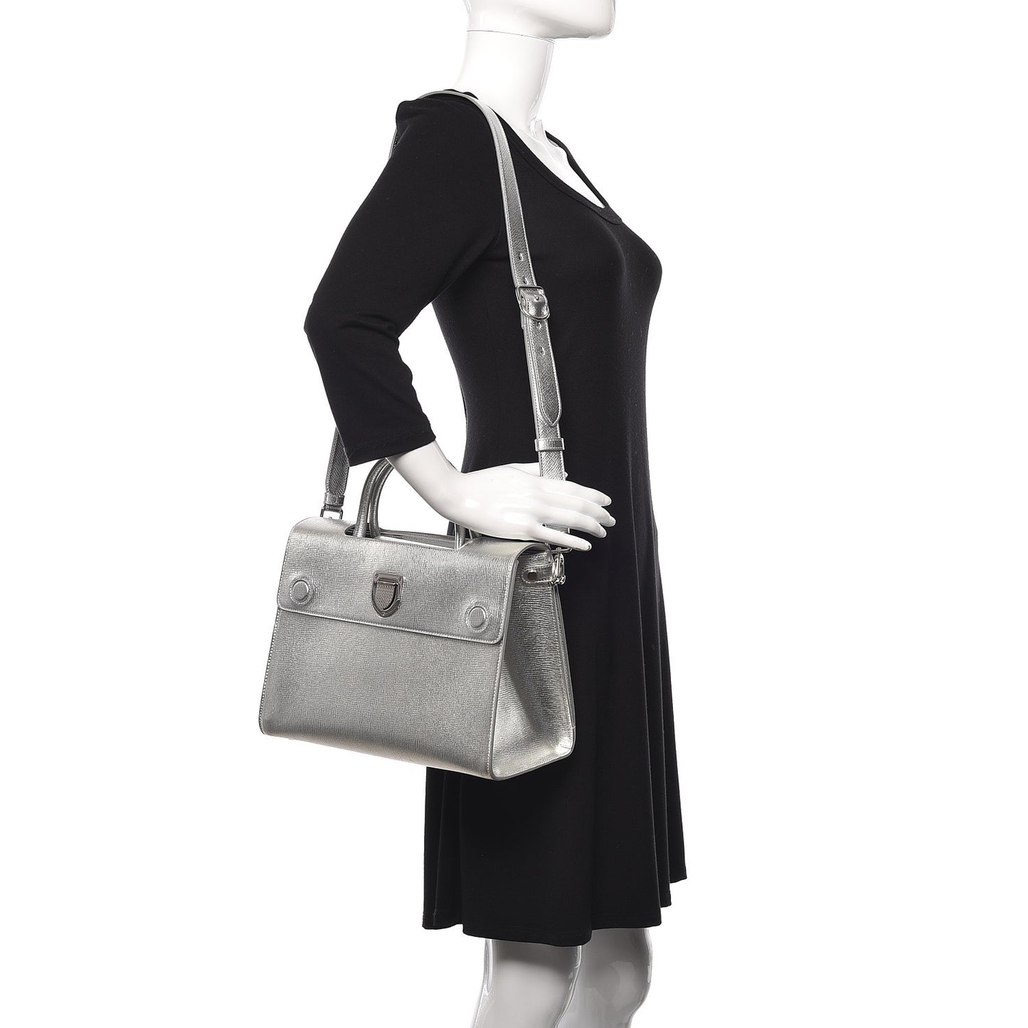Metallic Grained Calfskin Medium Diorever Flap Silver