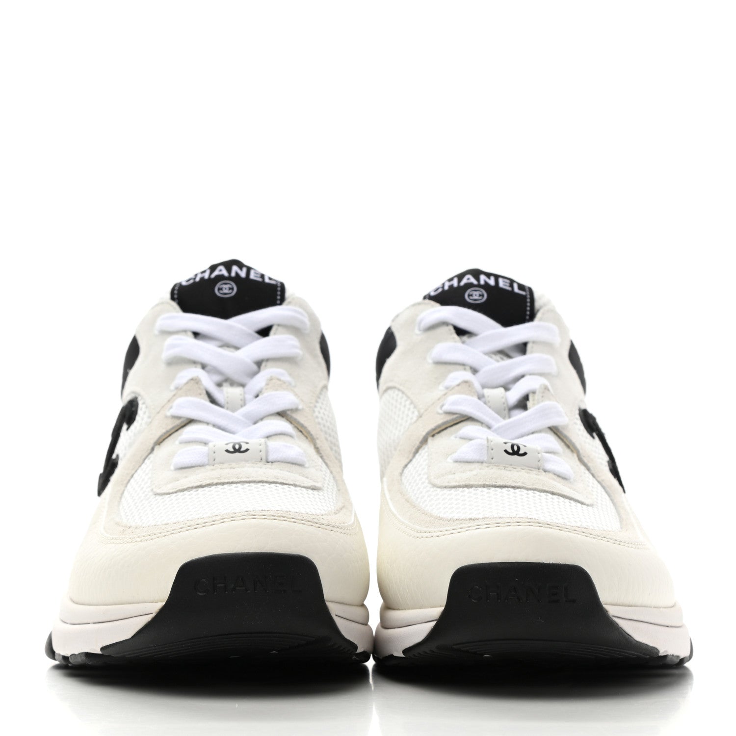 Chanel Mesh Suede Calfskin Grained Calfskin Womens CC Sneakers 40.5 White Black 2 of 9