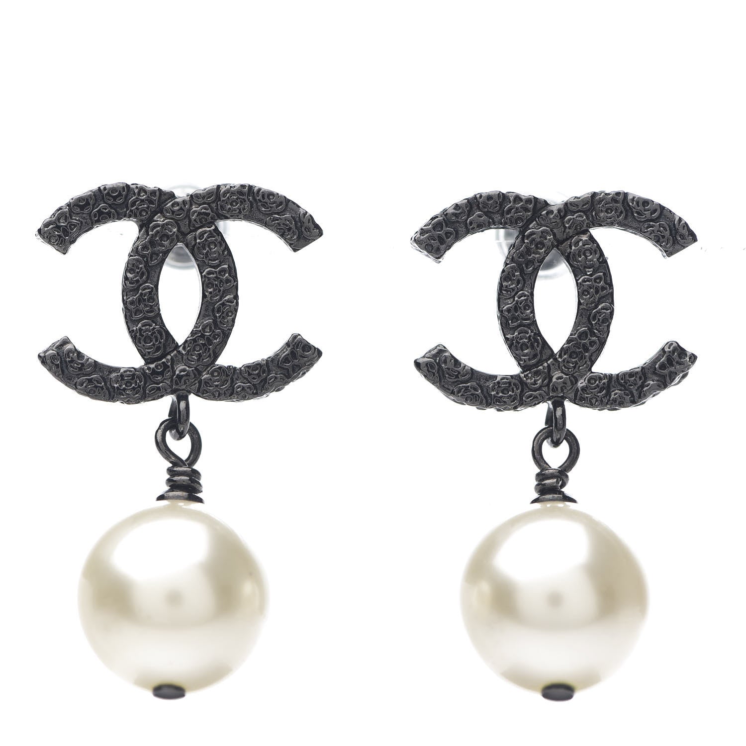 Chanel Pearl CC Drop Camelia Earrings Black Pearly White 1 of 3