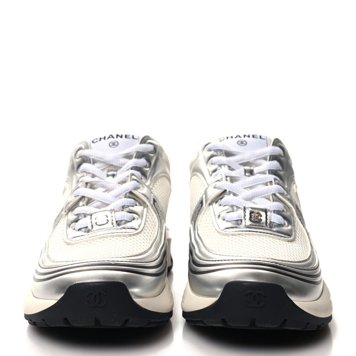 Chanel Fabric Laminated Calfskin Stretch CC Womens Sneakers 38 White Gold Silver 2 of 9