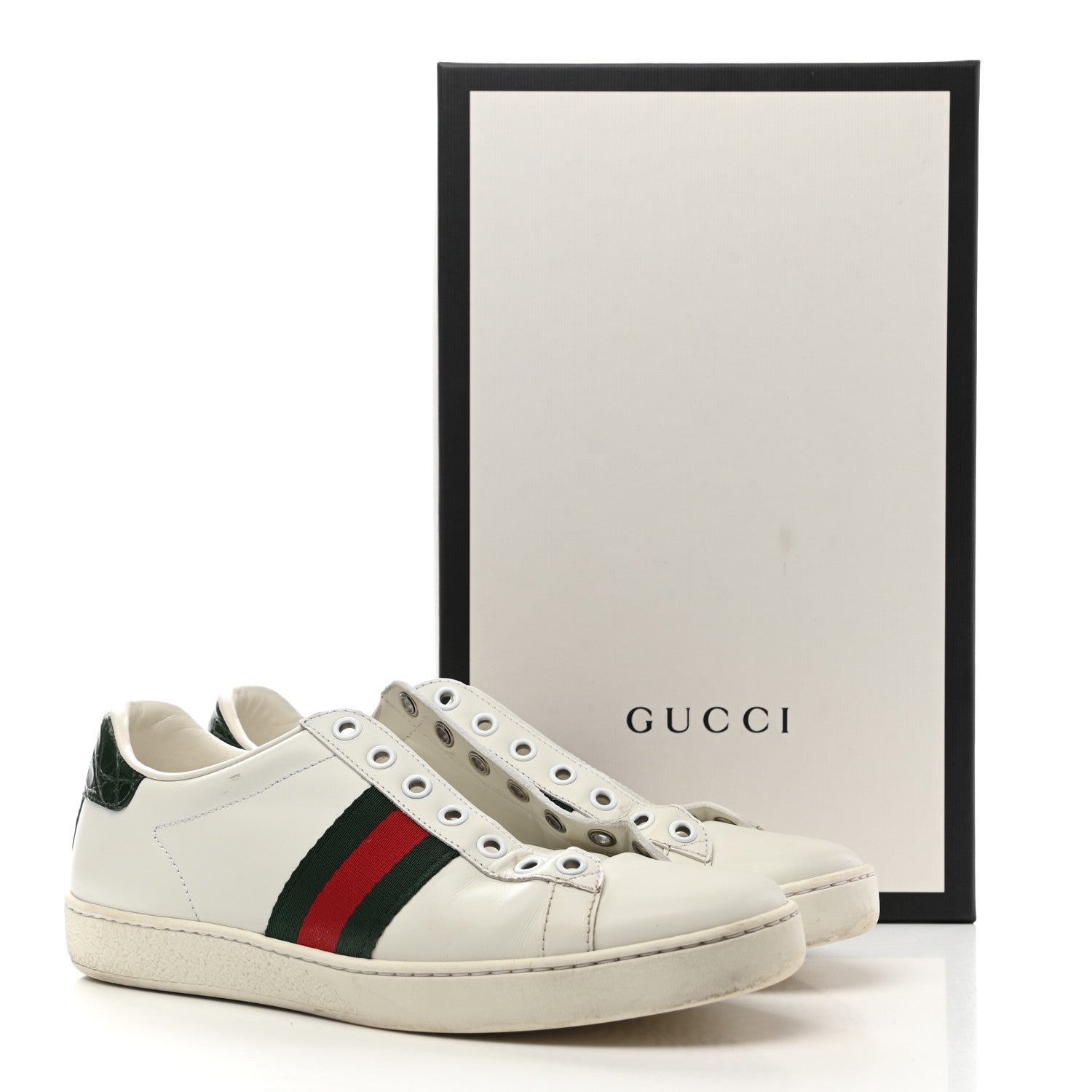 Gucci Calfskin Crocodile Web Womens Ace Sneakers 37 White Green 21 of 21