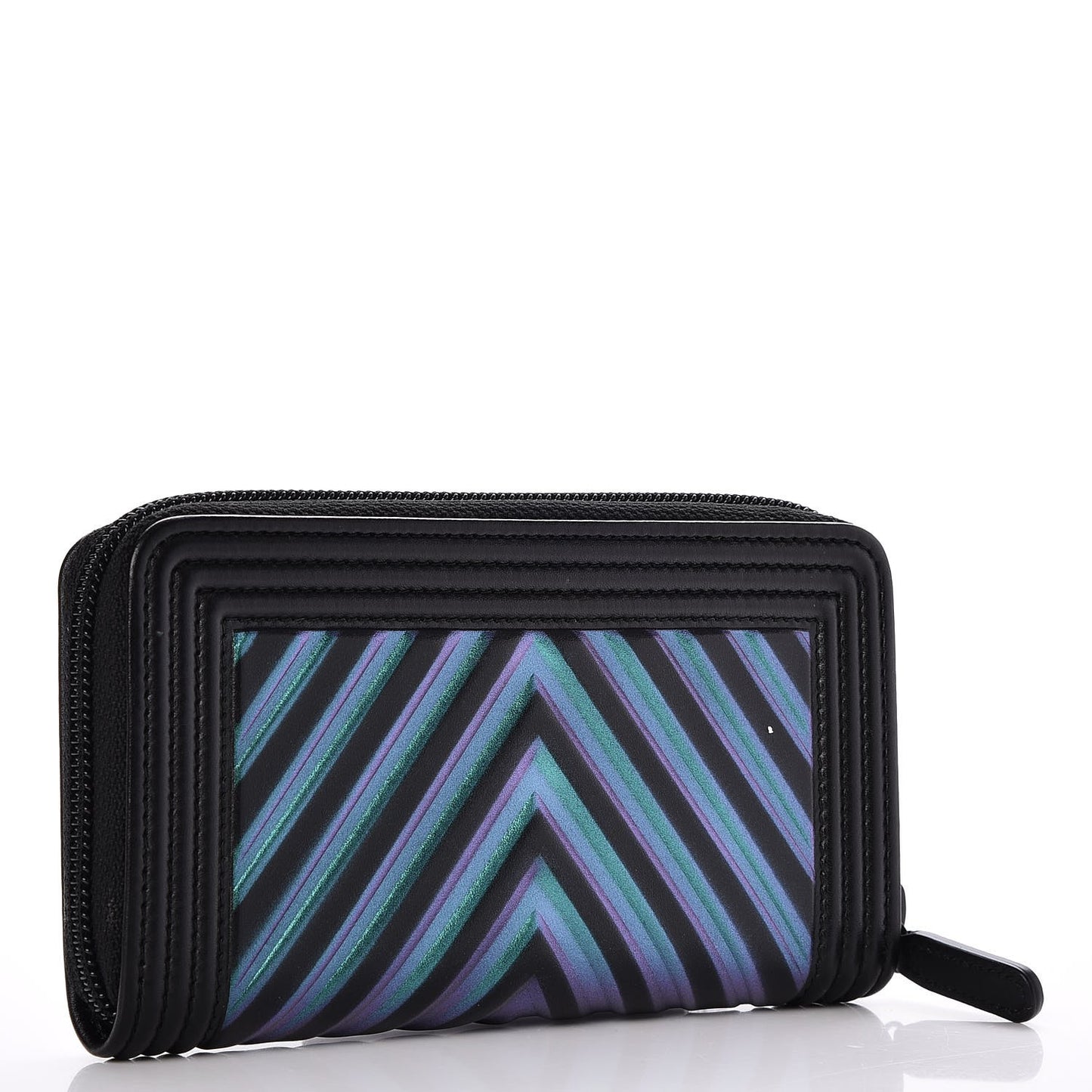 Calfskin Painted Chevron Embossed Small Boy Zip Wallet Black