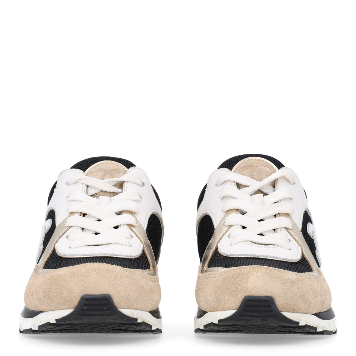 Mesh Suede Calfskin Grained Calfskin Womens CC Sneakers 37 White Black Beige Gold