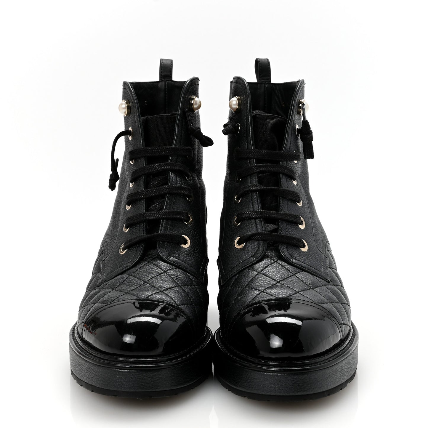Pearly Calfskin Patent Calfskin Lace Up Combat Boots 37 Black