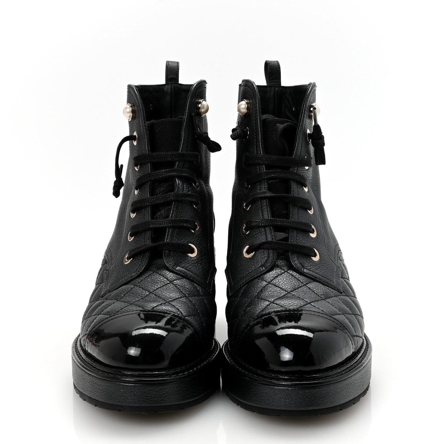 Chanel Pearly Calfskin Patent Calfskin Lace Up Combat Boots 37 Black 3 of 9