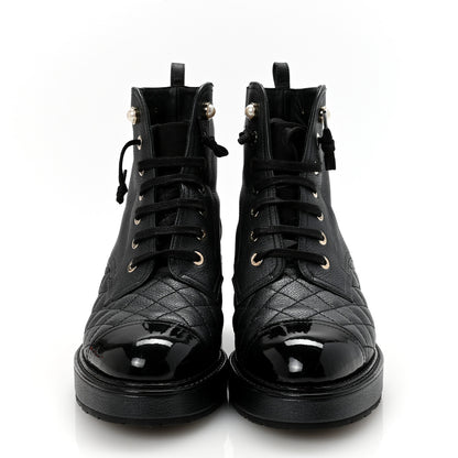 Chanel Pearly Calfskin Patent Calfskin Lace Up Combat Boots 37 Black 3 of 9